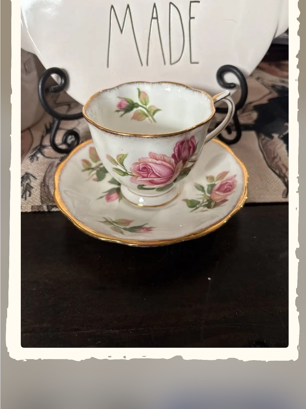 Royal Albert Anniversary Rose Bone China Footed Teacup & Saucer with Gold Trim